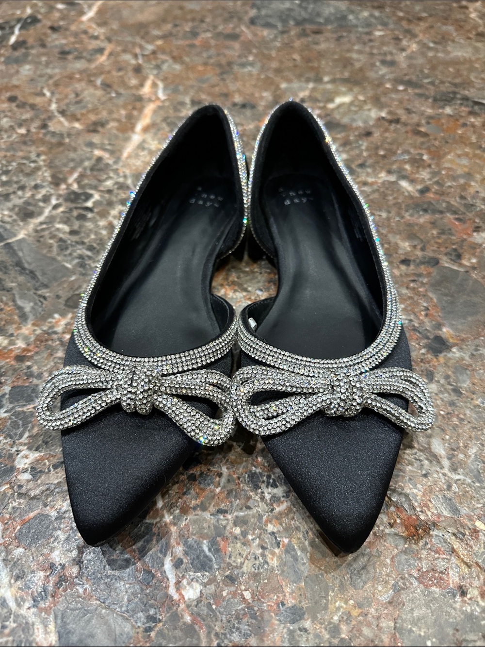 a new day Black Pointed-Toe Ballet Flats with Crystal Bow